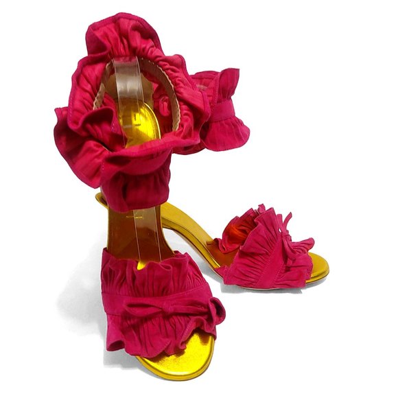 LANVIN Paris Pink Flamingo Suede Gold Sandals Size EU 38